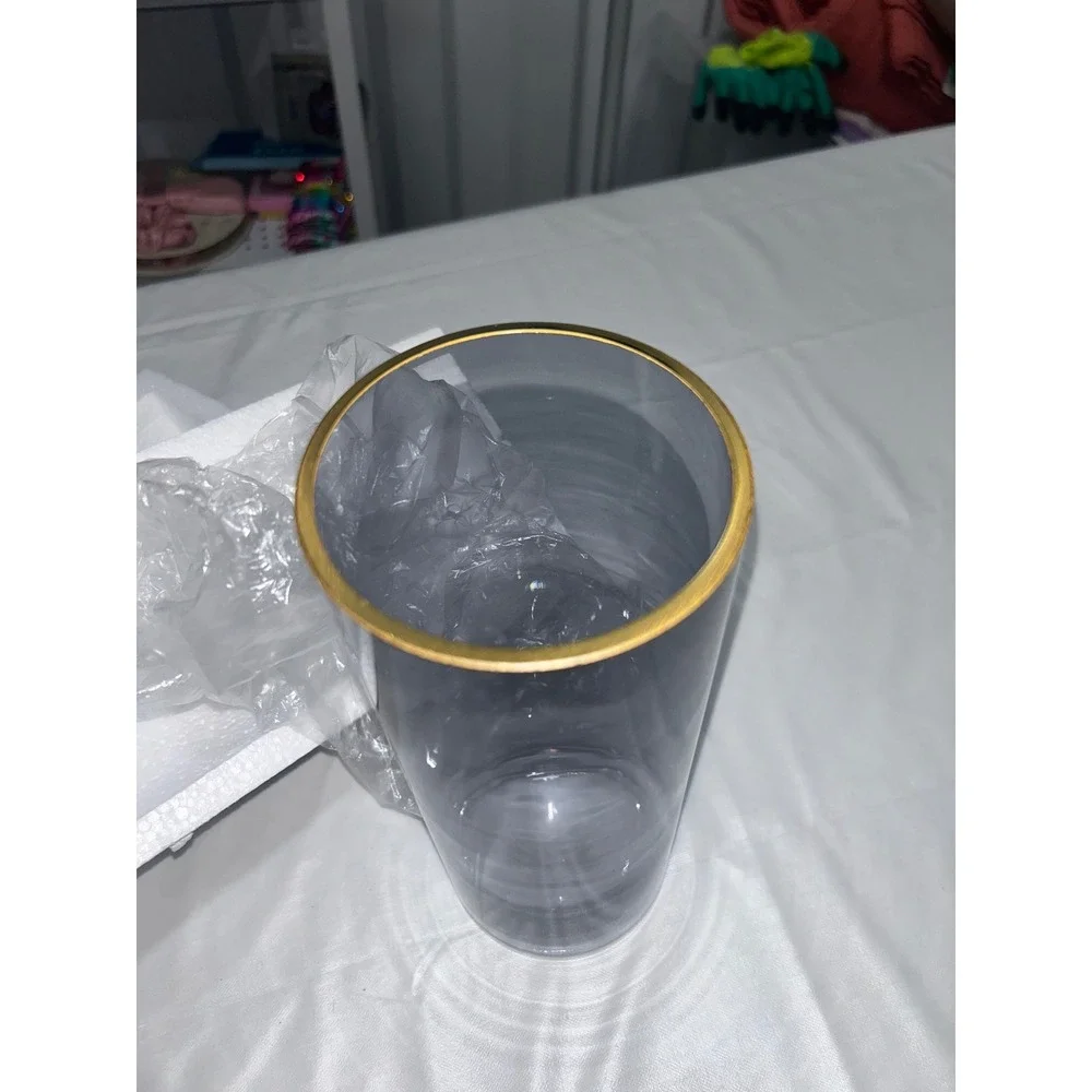 Modern Smoky Grey Glass Cylinder Vase with Gold Rim 10 Inch Tall Decorative Vase